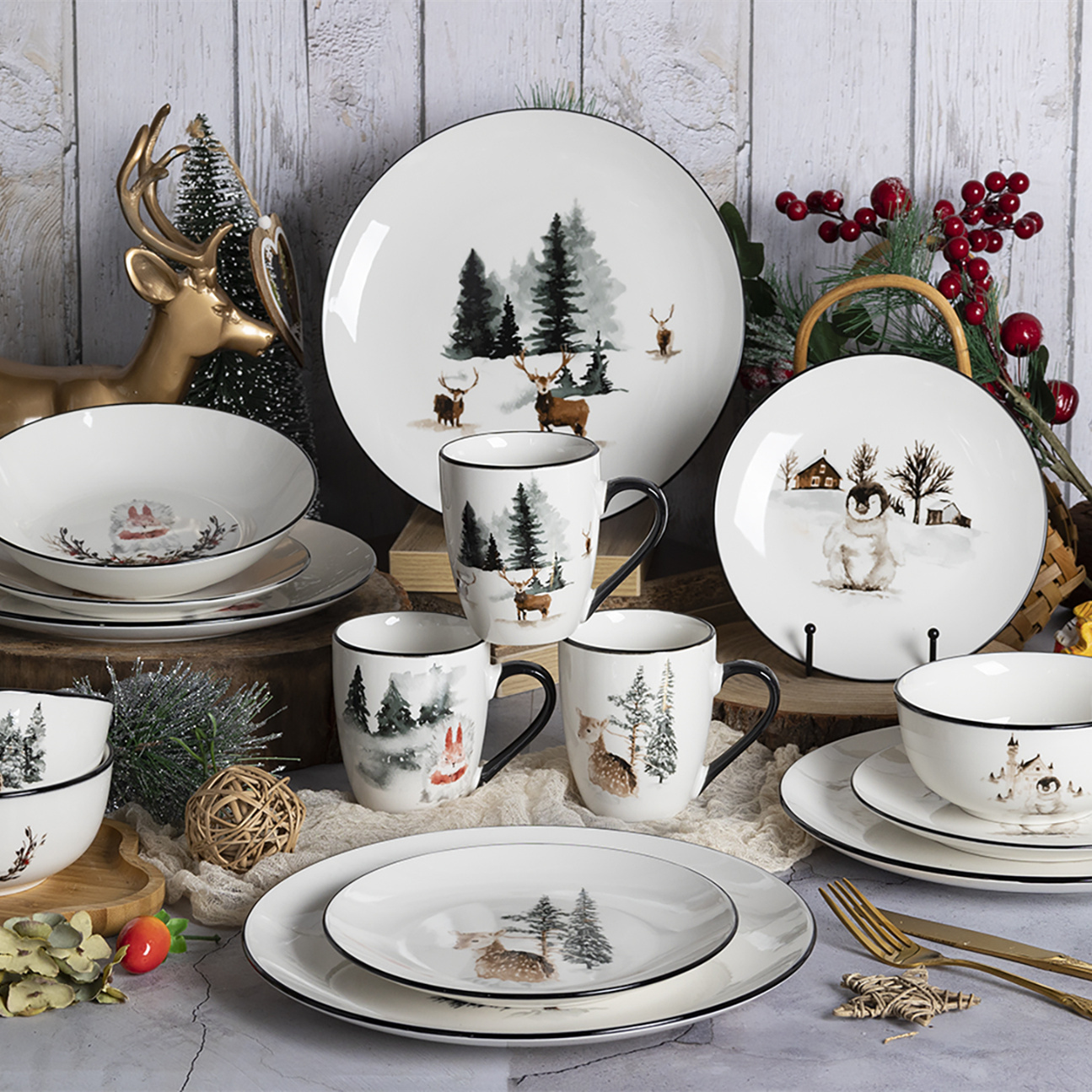Nordic Christmas Porcelain Dinnerware Set with Tree Deer&Squirrel Decal Design Tableware Collection