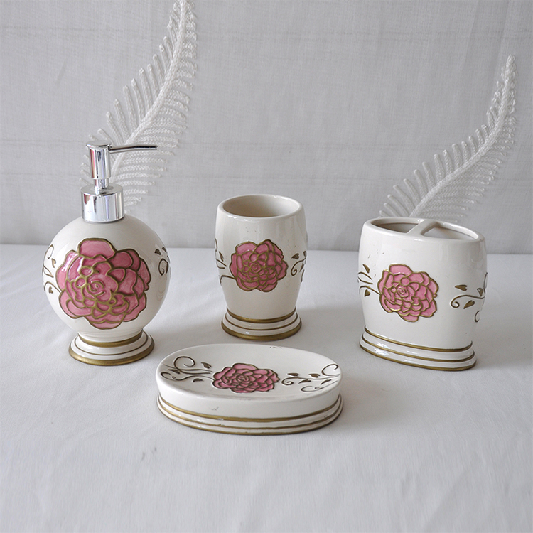 Home Style Flower Design Opaque Ceramic Bathroom Accessories Set Red Flower Bathroom Sets