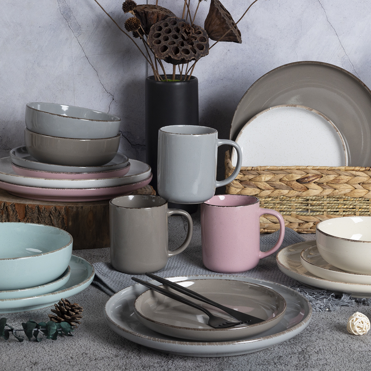 HappyGo 12PCS Stoneware Tableware Set Glossy Sesame Dot with Hand-Painted Rim Modern Home Dinnerware