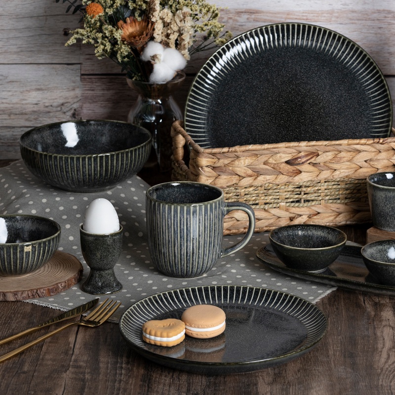Embossed Stripe Reactive Glaze Stoneware Dinnerware Set for Restaurant, Home & Gift