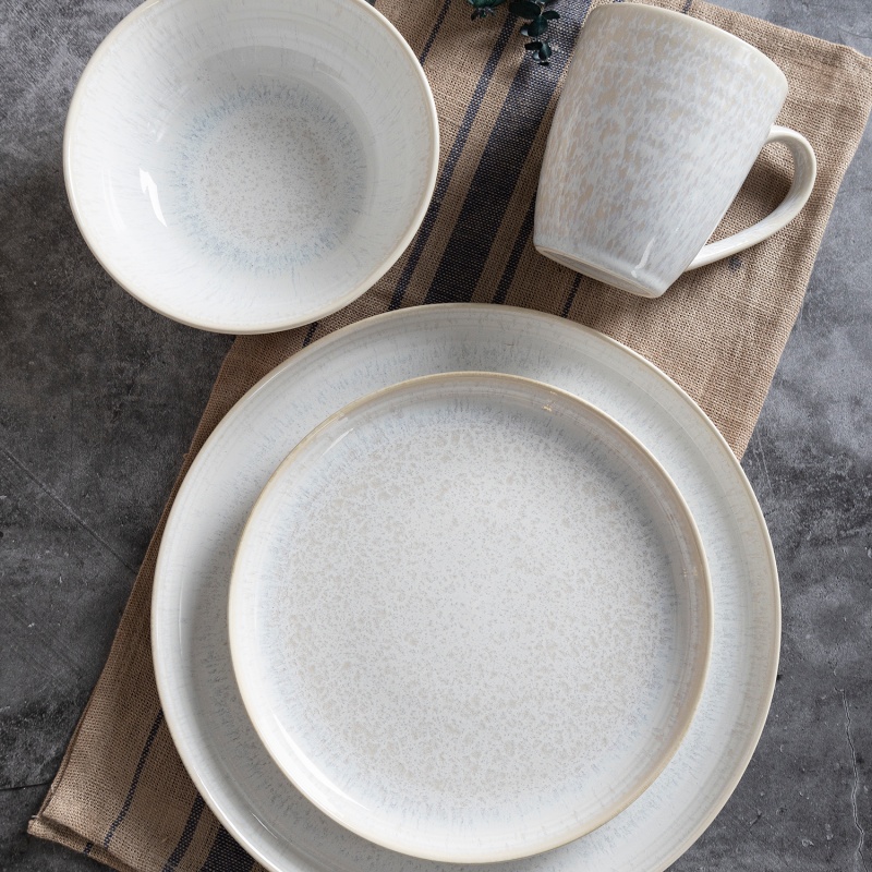 16-Piece White Reactive Glaze Stoneware Dinnerware Set with Plates, Bowls & Cups for Restaurant&Home