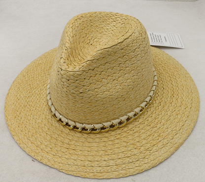 Beige Straw Panama Hat with Gold Chain Trim - Wide Brim Sun Hat for Summer Vacation & Sun Protection