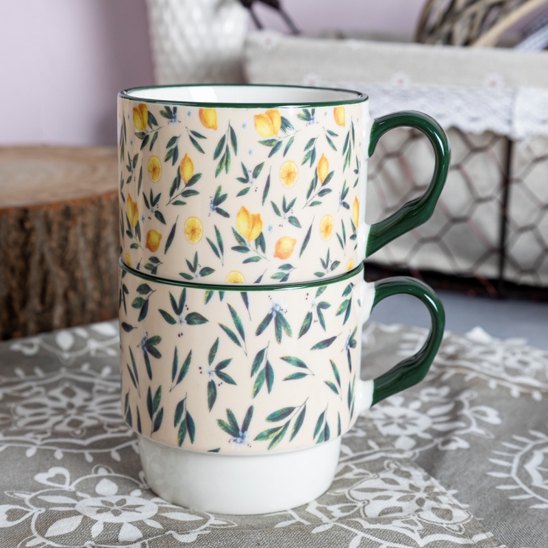 Green Leaf Lemon Pattern Stoneware Mug Hand-Painted Style Coffee & Tea Cup for Restaurant & Home