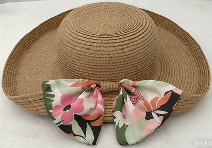 Retro Brown Wide Brim Straw Hat with Floral Bow - Summer Sun Protection Vacation Sun Hat