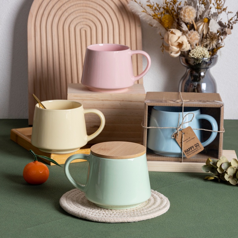 Nordic Minimalist Ceramic Mug Soft Macaron Colors with Bamboo Lid Coffee and Tea Cup for Home