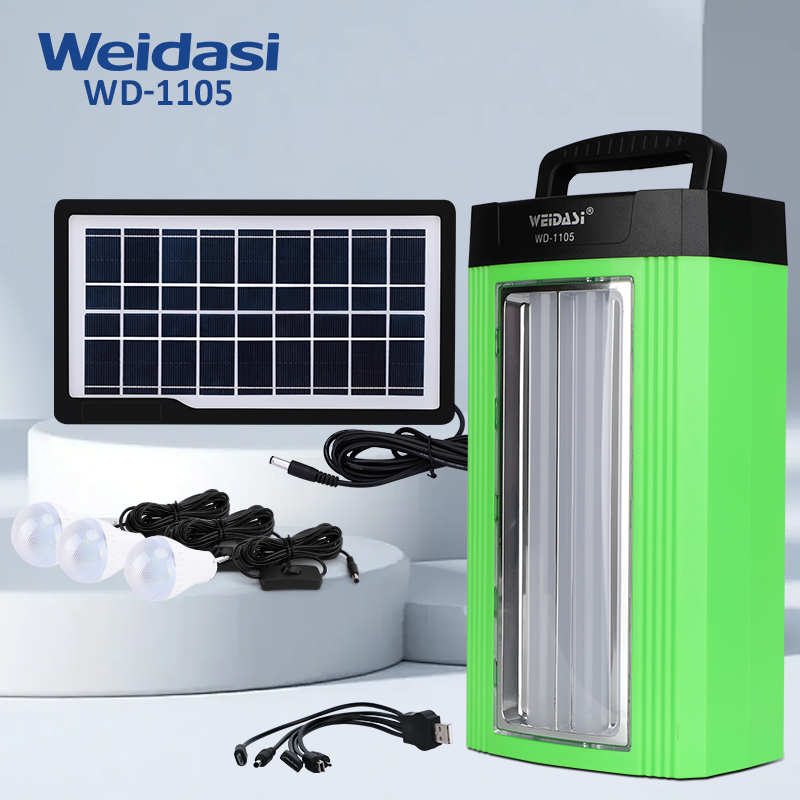 small camper solar lighting system with a solar panel and three bulb for house electricity