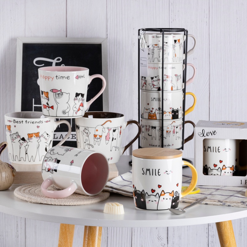 Cute Cat Ceramic Mug Cartoon Illustration Coffee and Tea Cup Nordic Style Creative Cat Mug