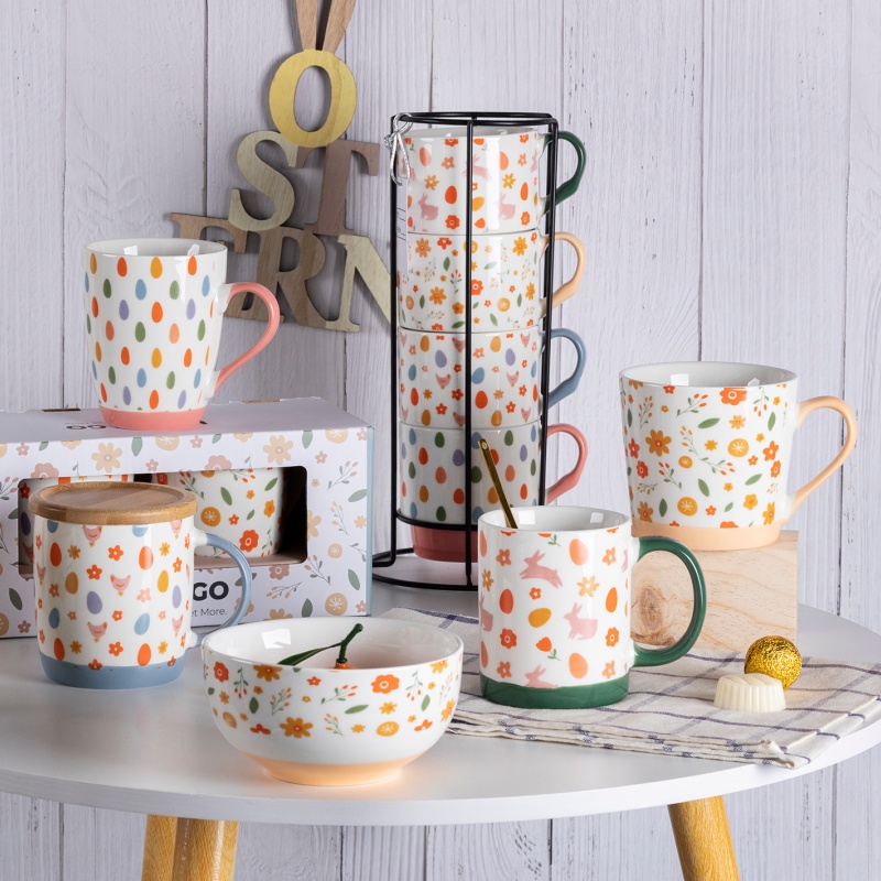 Easter Ceramic Mug Set Spring Floral and Egg Pattern Creative Coffee Cup Gift Box for Holiday