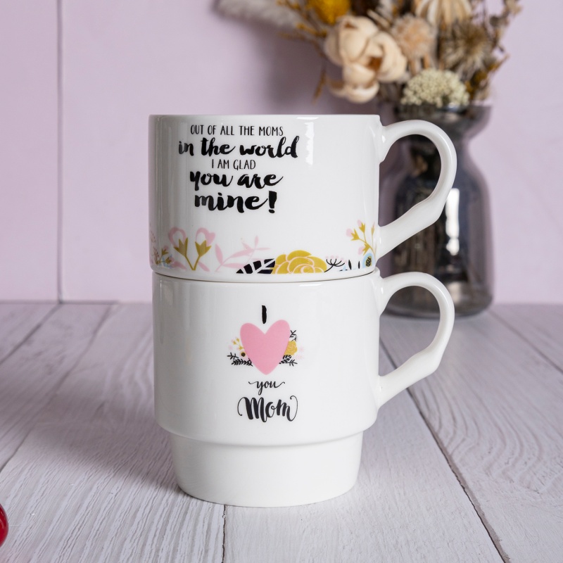 Mother’s Day Ceramic Stackable Mug Set Floral and Message Design Holiday Gift Perfect Gifts for Mom