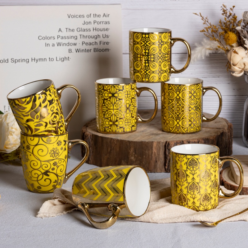 Moroccan Style Gold Printed Ceramic Mug Bright Yellow Tone with Metallic Handle Luxury Coffee Cup