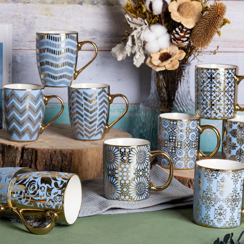 Vintage Blue Ceramic Mug with Gold Pattern Glossy Finish Elegant Coffee Cup for Home and Business