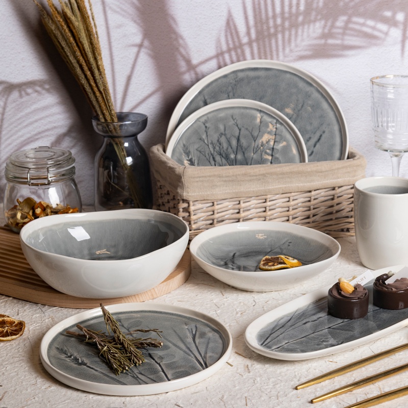 Botanical Motif Crackle Glaze Stoneware Dinnerware Set – Modern Oriental Aesthetic