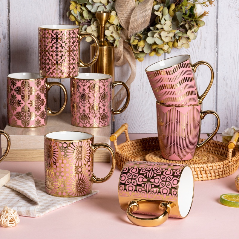 Rose Pink Ceramic Mug with Gold Pattern Elegant and Stylish Coffee Cup for Home and Gift