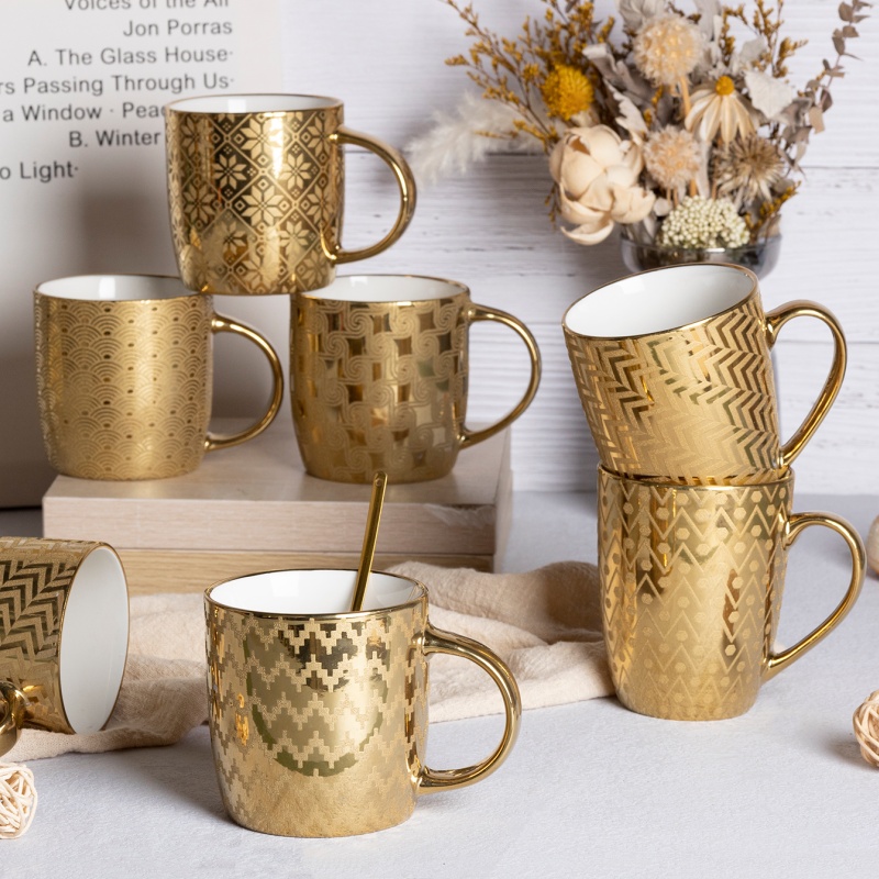 Full Gold Electroplated Ceramic Mug Luxury Geometric Pattern Design Premium Business Gift Coffee Cup