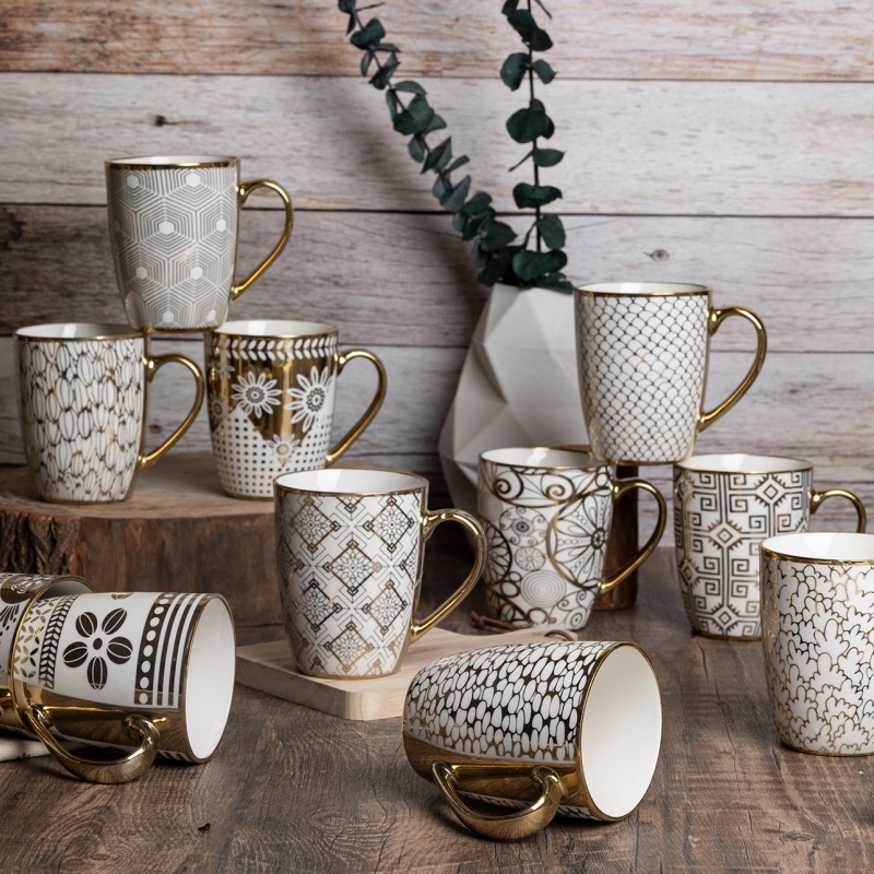 Minimalist White and Gold Ceramic Mug with Geometric Pattern Elegant Coffee Cup for Business Gift
