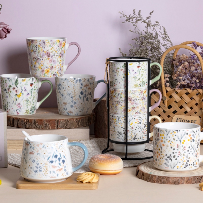 Floral Ceramic Mug Series Fresh Garden Pattern Design Spring Pastoral Style Coffee Cup Gift