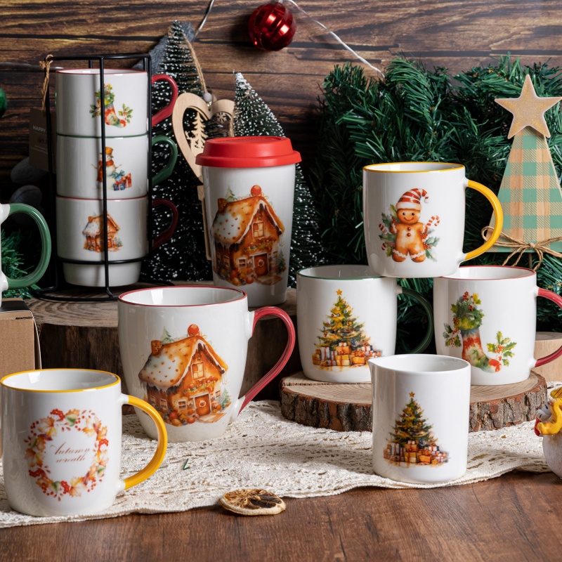 Christmas Ceramic Mug with Gingerbread House and Christmas Tree Design Festive Coffee
