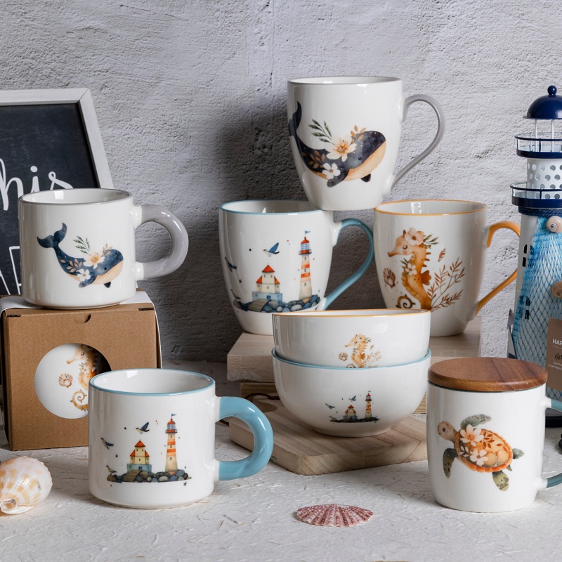 Ocean Dream Ceramic Mug Series with Whale Lighthouse and Seahorse Design Fresh and Healing Style