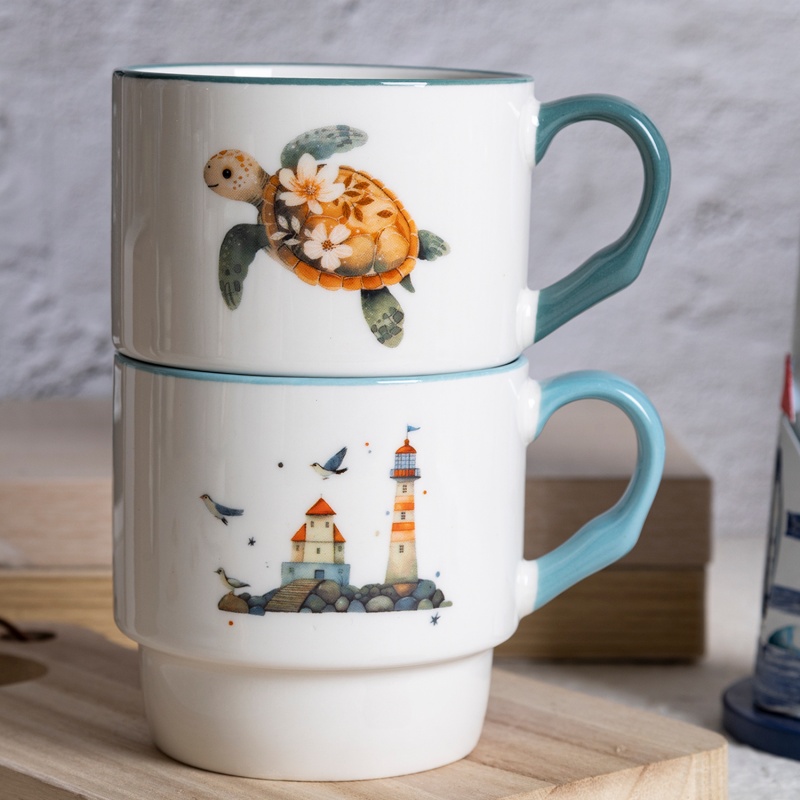 Ocean Breeze Ceramic Stackable Mug with Sea Life and Lighthouse Illustration Nordic Fresh Style