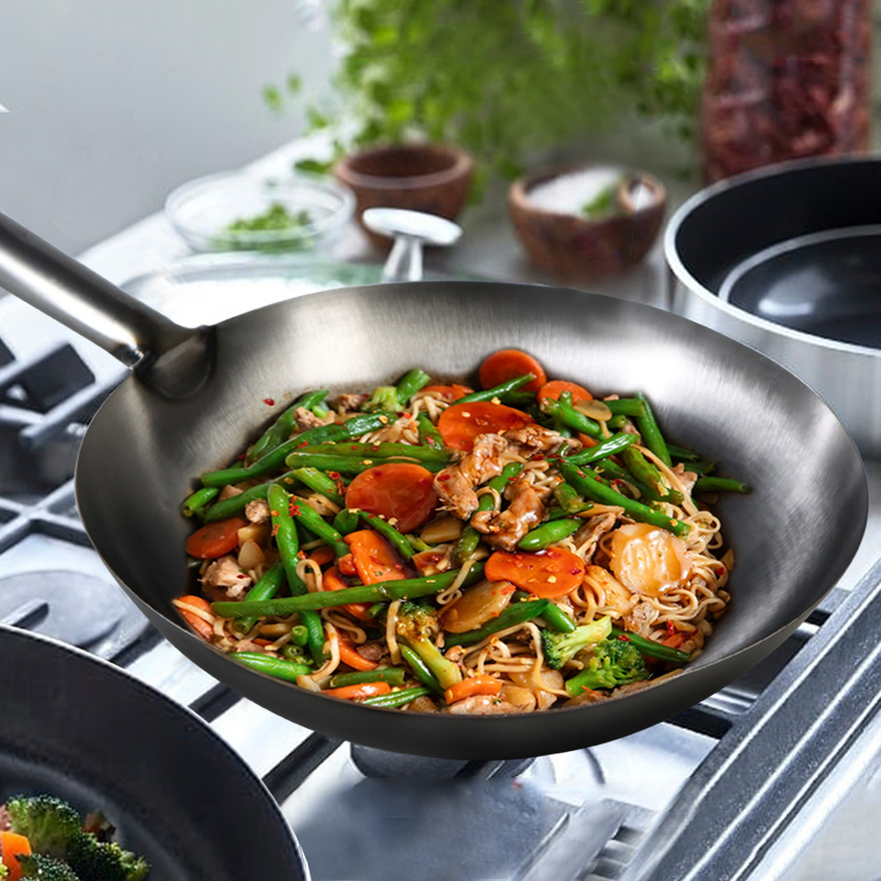 No Coating PFAS Free Carbon Steel London Wok with Long Handle