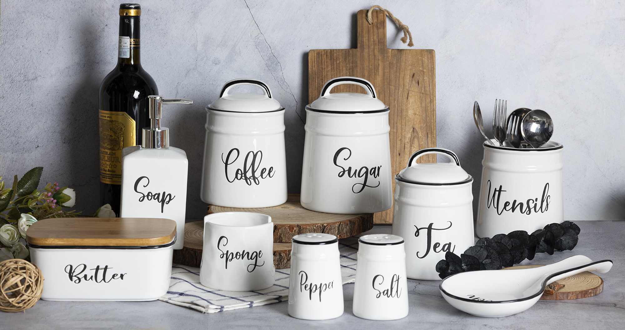 Ceramic Kitchen Storage Jar White with Black Lettering for Coffee/Sugar/Tea/Utensils Organization