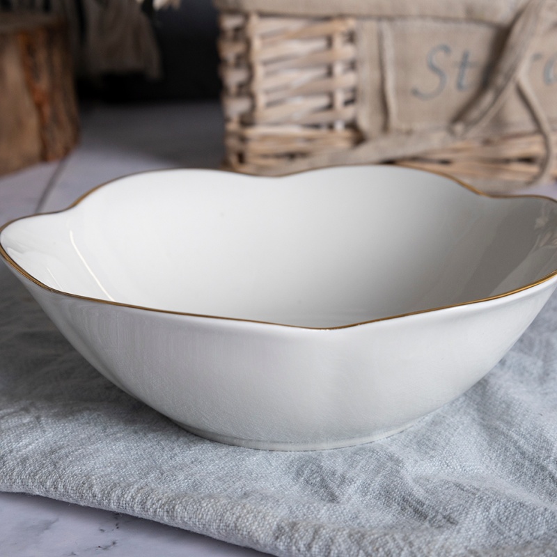 24CM (1140ML) Vegetable Bowl, Embossed with Gold Edge – For Vegetables, Salads, or Soups