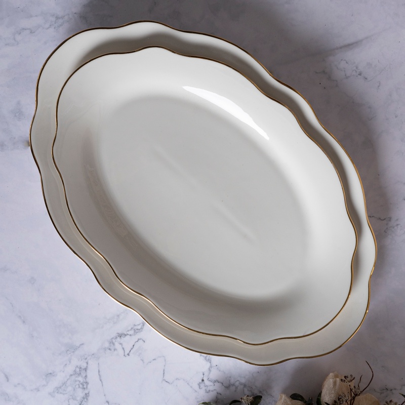 30.5CM Fish Plate, New Bone China Embossed Gold Edge – For Fish, Seafood, or Banquet Dishes