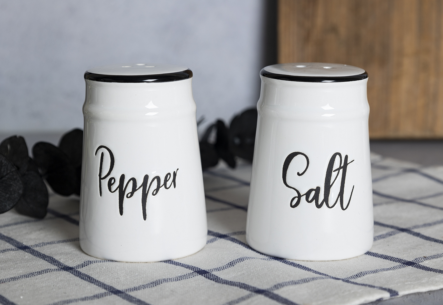 Ceramic Salt and Pepper Shakers Set, White with Black Lettering, Kitchen Seasoning Dispensers