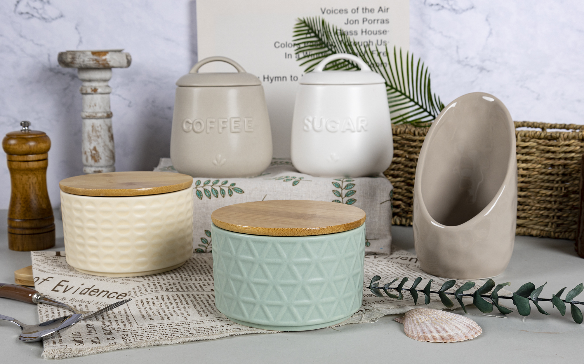 Ceramic Kitchen Storage Jar Coffee&Sugar Canisters with Bamboo Lids Textured Design for Organizing