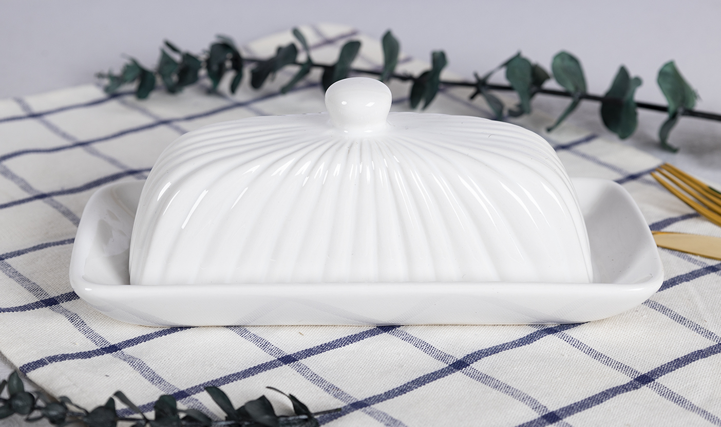 Ceramic Butter Dish with Lid, White Fluted Butter Keeper for Kitchen Countertop and Dining Table