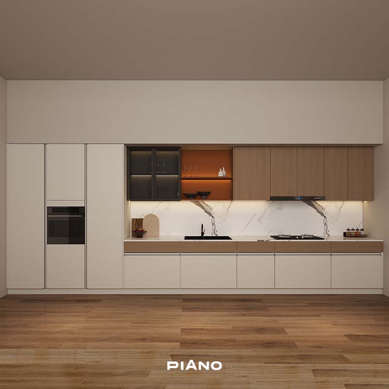 PIANO Modern Island Kitchen with Wood and Sintered Stone Countertops