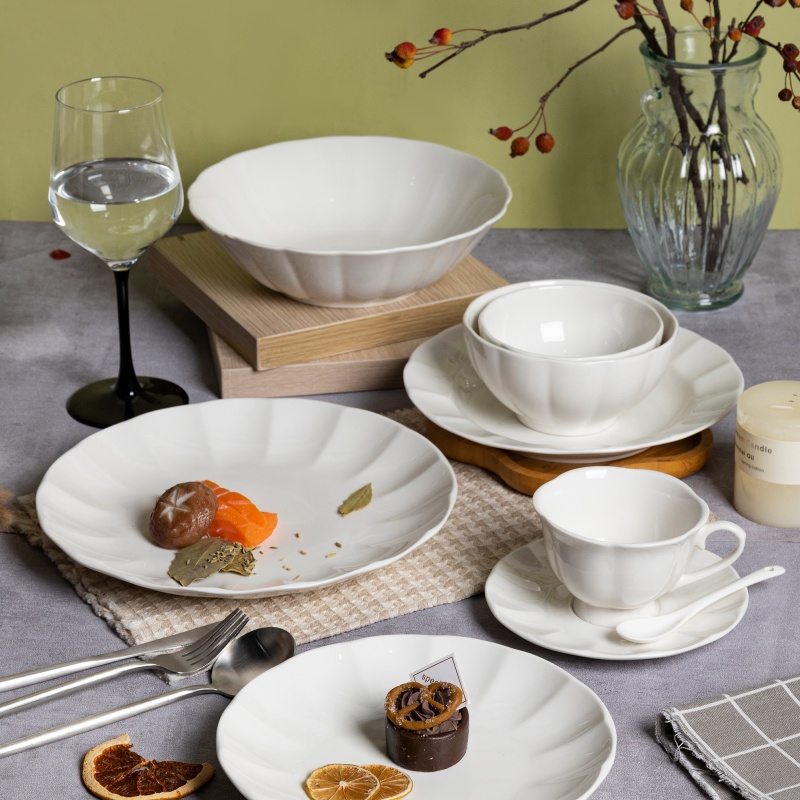 12/16/18/20PCS Embossed New Bone China Pure White Dinnerware Set, Elegant for Home, Supermarkets