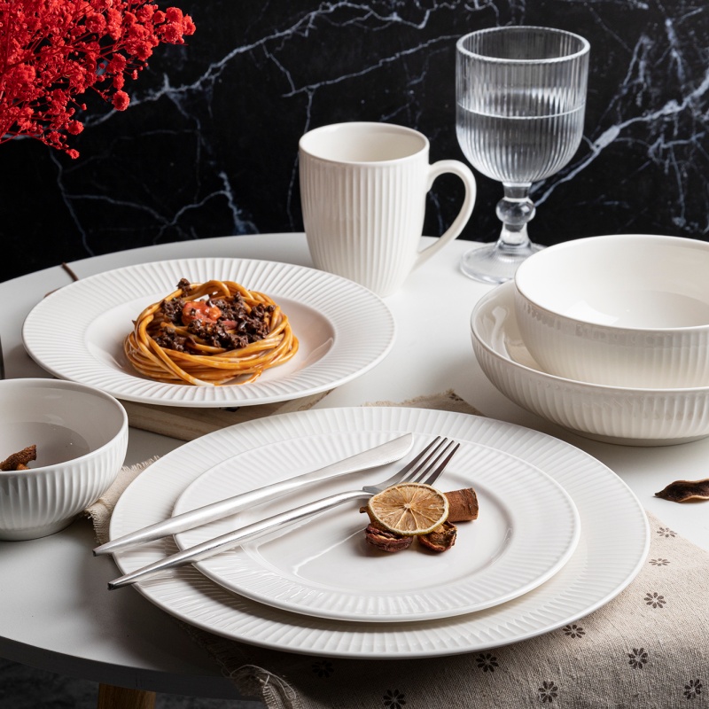 12/16/18/20-Pcs Vertical Stripe Embossed New Bone China Dinnerware Set – Microwave & Dishwasher Safe