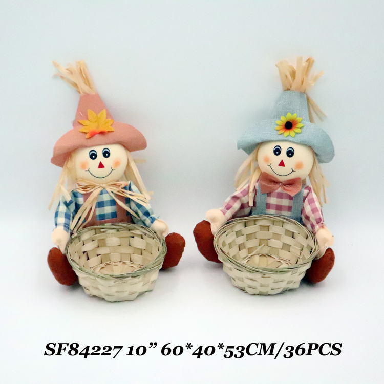 10 Inch Fall Decoration Scarecrow With Bamboo Basket