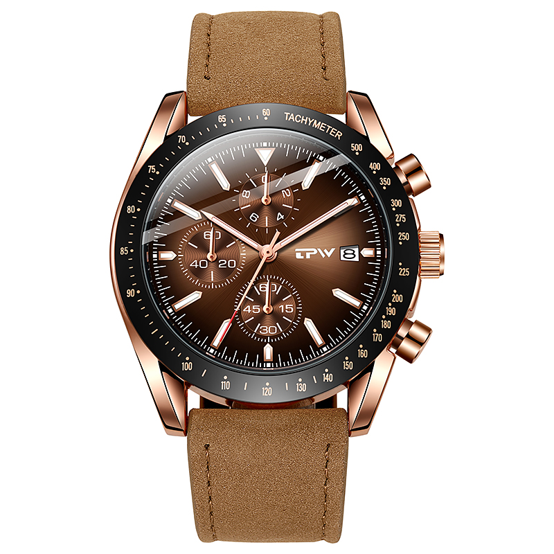 TPW K5201 Wholesale Multi Function Stainless Steel Calendar Brand Leather Quartz Watches for Men