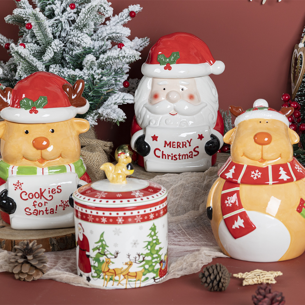 Happygo Christmas Ceramic Storage Jar Set Festive Creamer Pots for Home Storage-Sugar & Cookie Jars