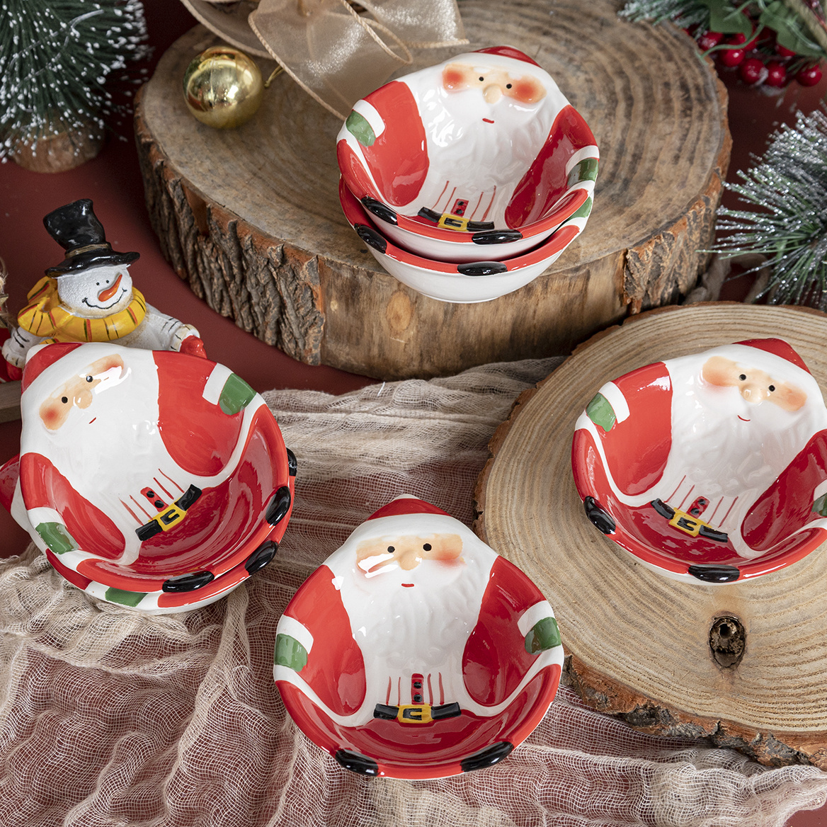 Happygo Christmas Ceramic Dinnerware Festive Snack Bowls for Christmas Feasts