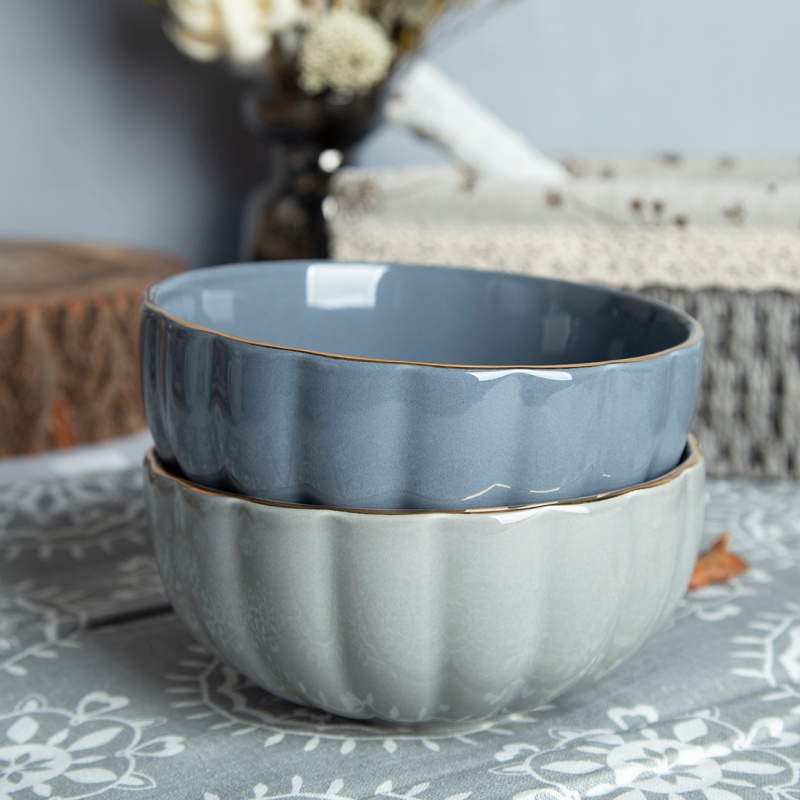 6-Inch Pumpkin Relief Bowl, Blue-Gray Glaze + Gold Rim – Classic Vintage Tableware