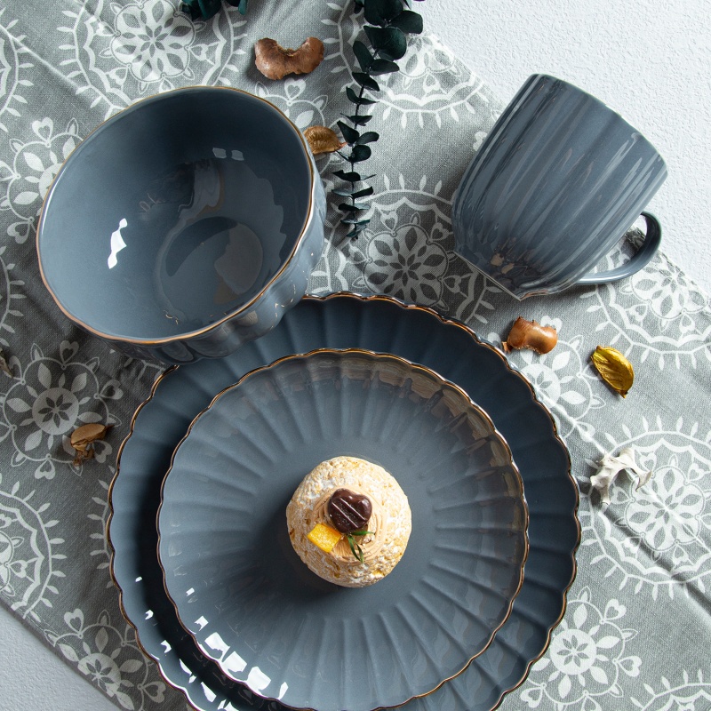 16-Piece Plate, Bowl, and Cup Set, Color Glaze Pumpkin Embossed Porcelain Handcrafted Dinnerware Set