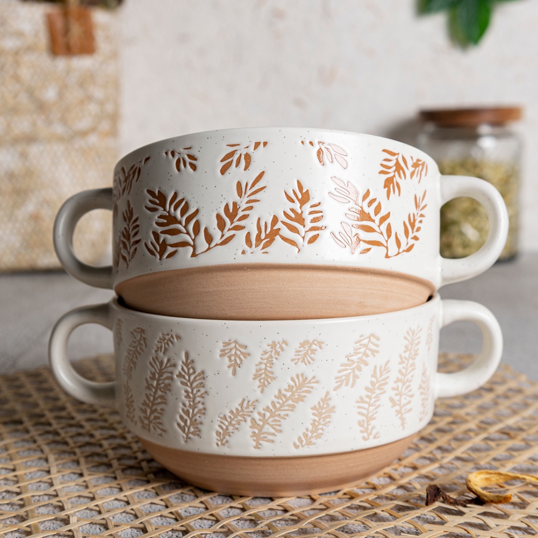 Bowl With Two Ears Silk Screen Pringting With Natural Bottom