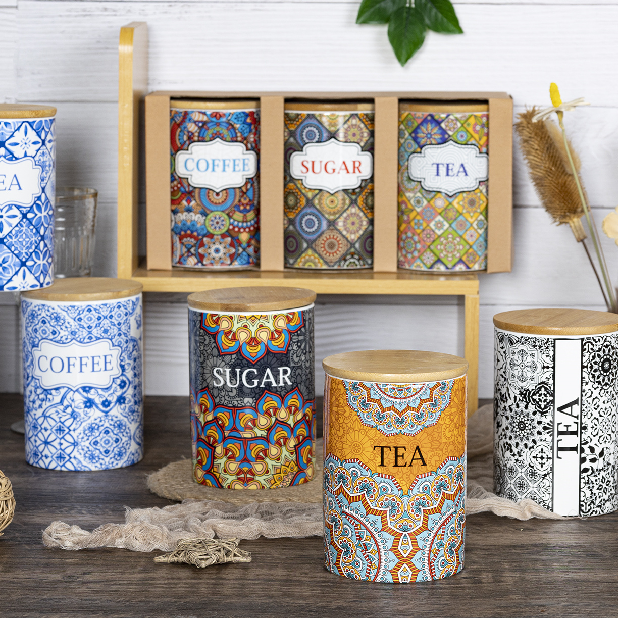 Happygo Versatile Set 3 Ceramic Storage Canisters for Tea Coffee and General Storage Needs