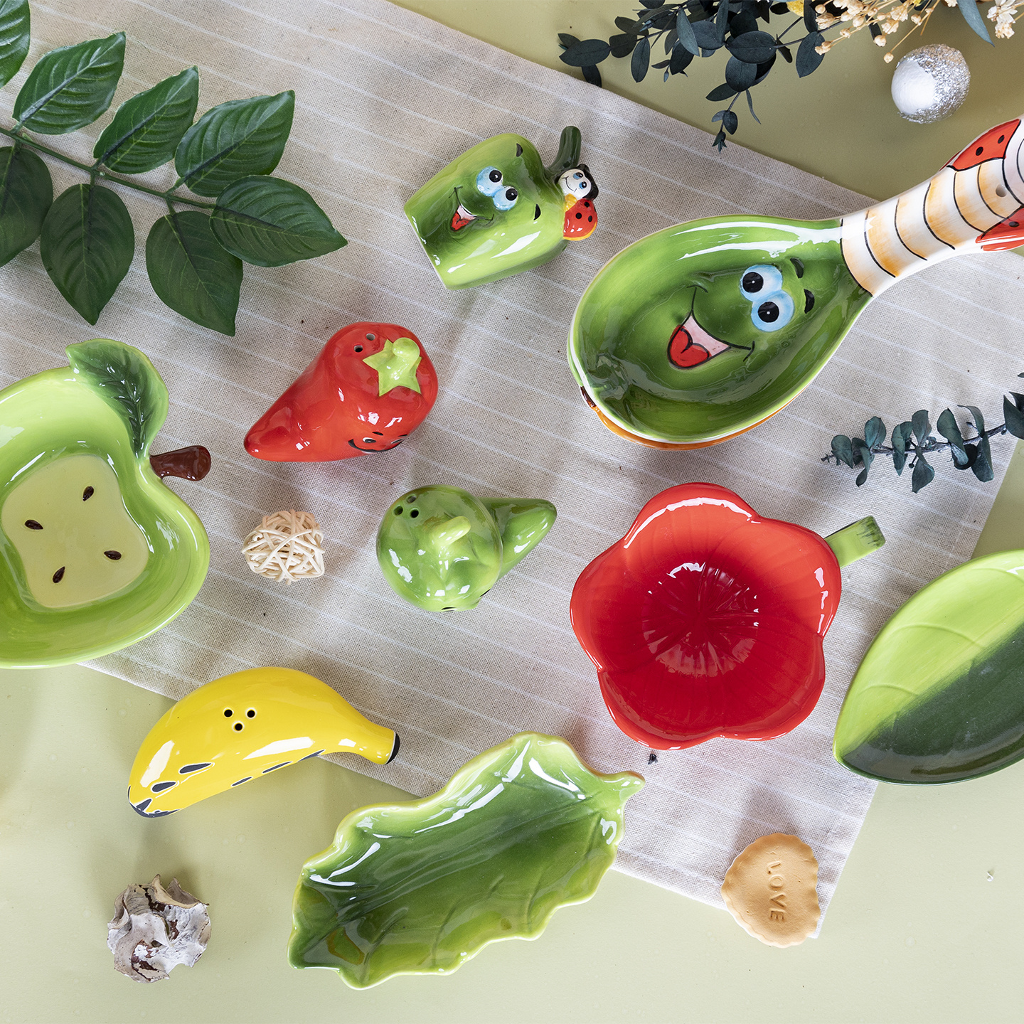 Happy Go Ceramic Bowls Plates Colorful Tableware Fruits Veggies Designs for Cheerful Dining