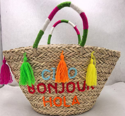 Multilingual Embroidered Tassel Straw Tote Bag