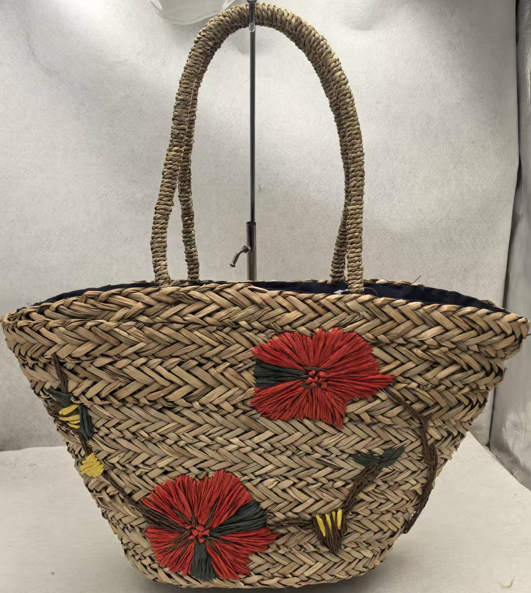 Floral Embroidered Straw Handbag