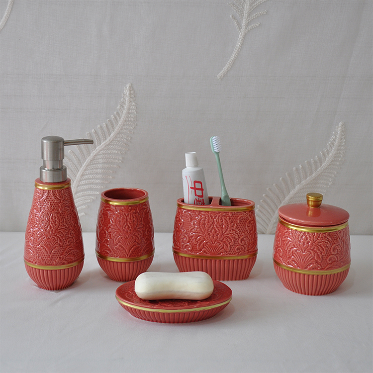 Red Glitter Bathroom Accessories Set Complete 5 Pcs Soap Lotion Dispenser Toothbrush Holder Set