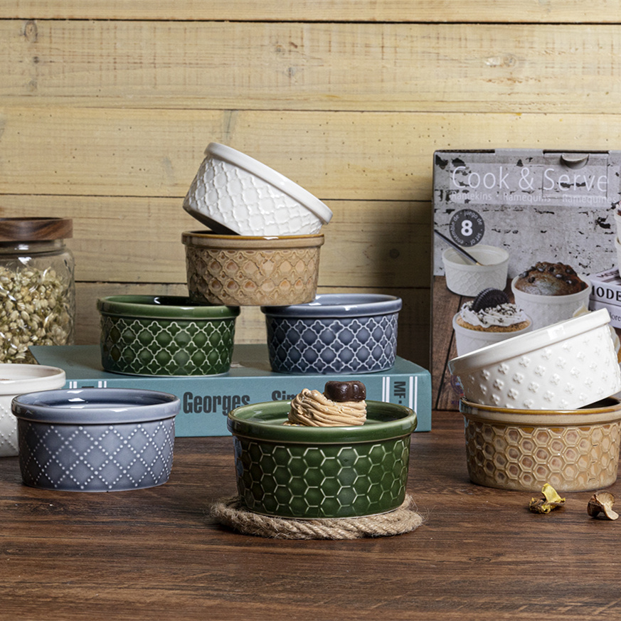 Multi-colored Embossed Ceramic Bowl Set Universal for Ice Cream/Snacks/Dessert Kitchen Tableware