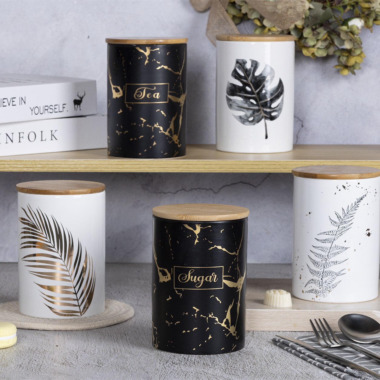 Plant - Patterned Ceramic Decal Storage Jars with Bamboo Lids, Kitchen Food Storage Jar Series