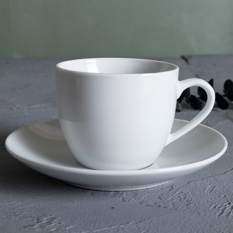 6OZ (160ML) Coupe Shape White Porcelain Hotel Cup & Saucer Set, Elegant Coffee Tableware for Hotels
