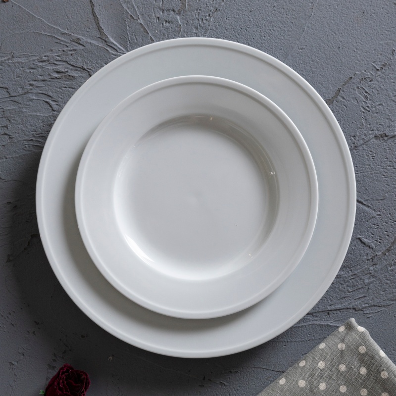 22CM/27CM Thick Folded Rim White Porcelain Plates, Elegant Hotel Tableware for Restaurants &Catering