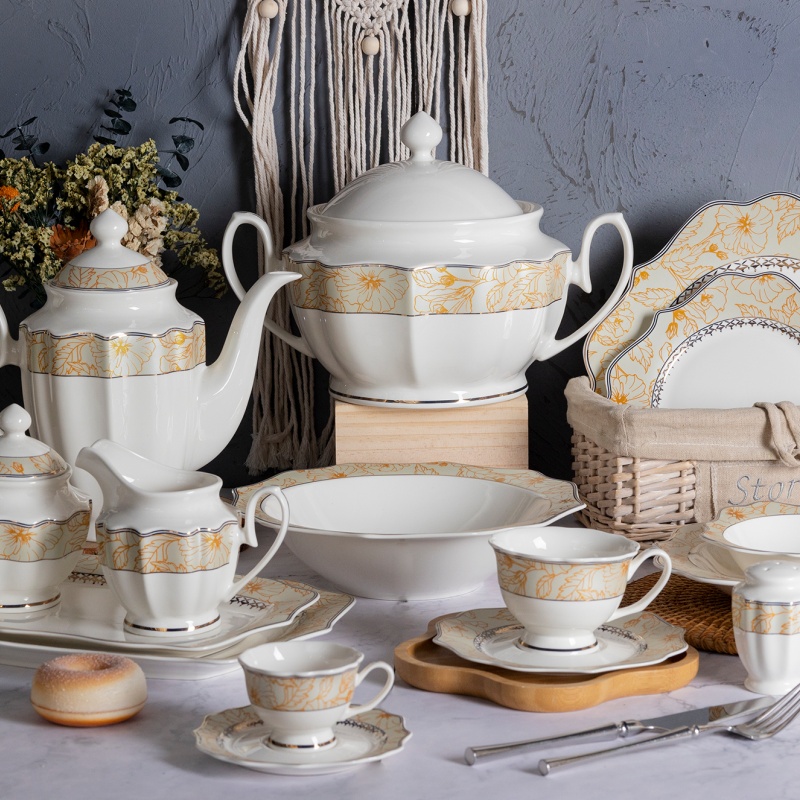 Embossed Gold Paper New Bone China Dinner Set,Plates, Bowls, Cups, Custom Logo Supported